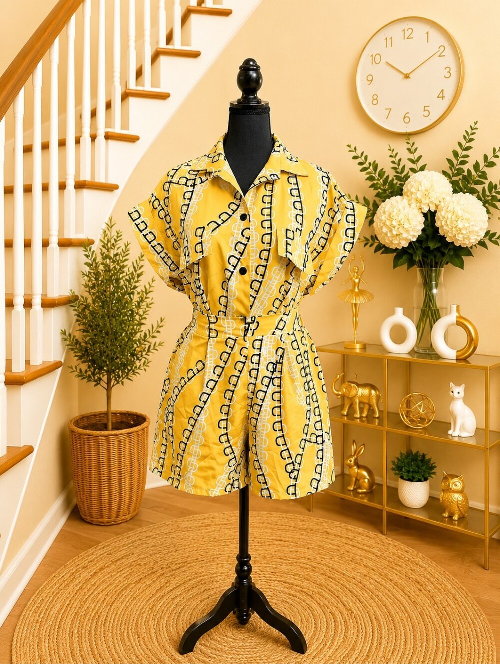 Yellow Geometric Button-Up Short Set - Picture 3 of 4